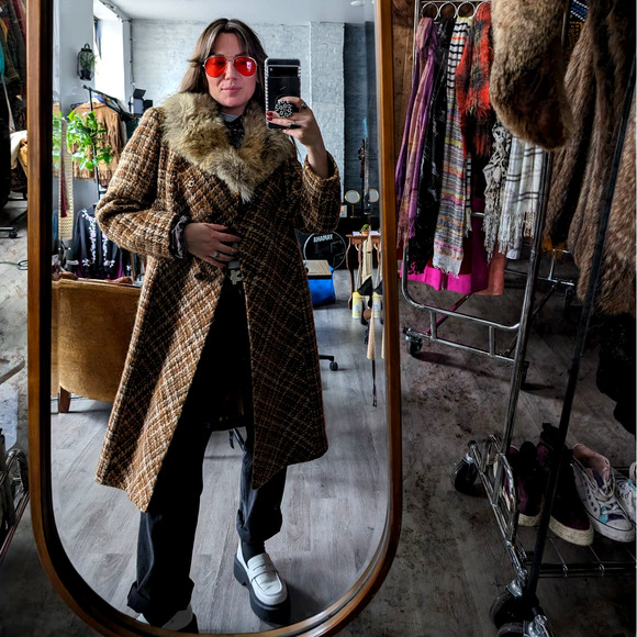 70s Vintage Penny Lane Wool Fur Coat Groovy Plaid Minimal Trench Afghan Jacket - Picture 7 of 11